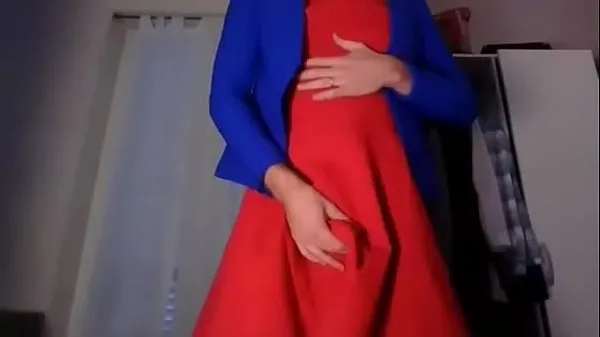 Young amateur cross dresser teasing and touching in a sexy red dress and cute blue blazer back from the office Klip mega baharu