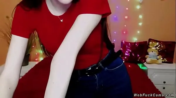 Fresh Solo pale brunette amateur babe in red t shirt and jeans trousers strips her top and flashing boobs in bra then gets dressed again on webcam show mega Clips